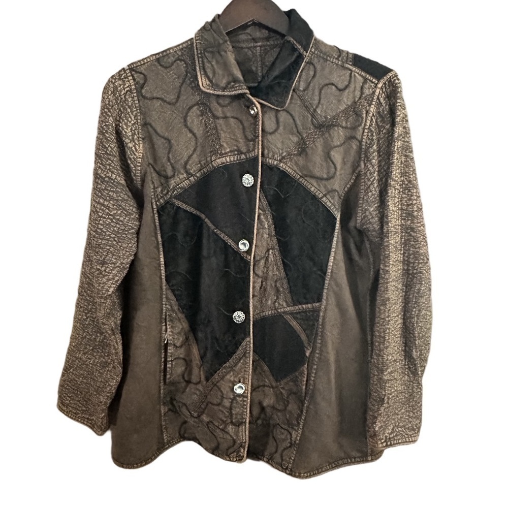 Elegant Tan Brown Denim Embroidered Pattern Patchwork Jacket Boho Rustic Sz L